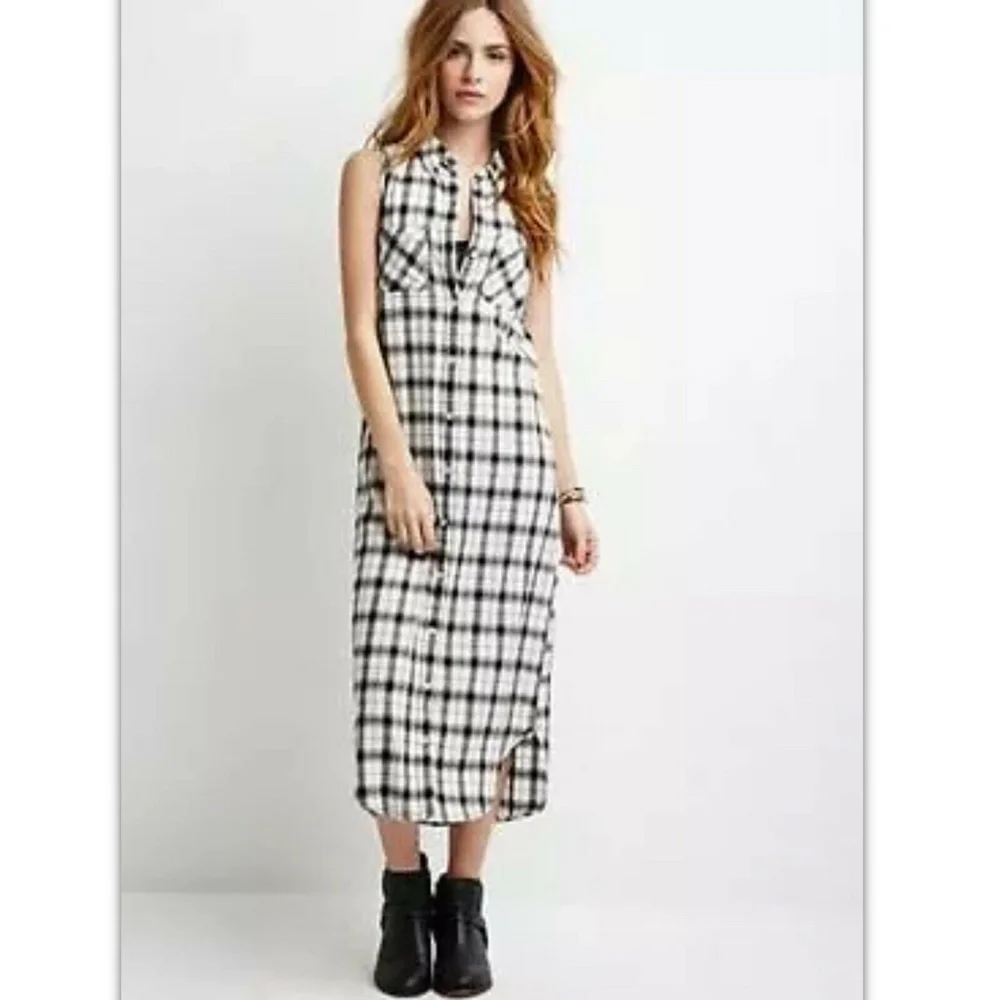 Forever 21 Black White Plaid Midi Shirt Dress_4